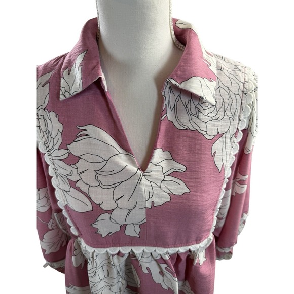 Entro Floral V-Neck Top Scalloped Trim Puff Sleeve Pink & White Large - Picture 13 of 15